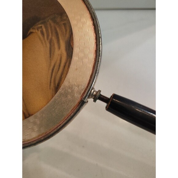 Vintage Handheld Portrait Lid Vanity Mirror with Wooden Handle Woman Portrait - Picture 3 of 13